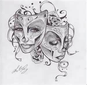 Picture it & Write creative writing prompt for May 11, 2014 comedy tragedy mask Theater Mask Tattoo, Theatre Tattoo, La Muerte Tattoo, Element Tattoo, Catrina Tattoo, Drama Masks, Mask Drawing, Gemini Tattoo, Theatre Masks