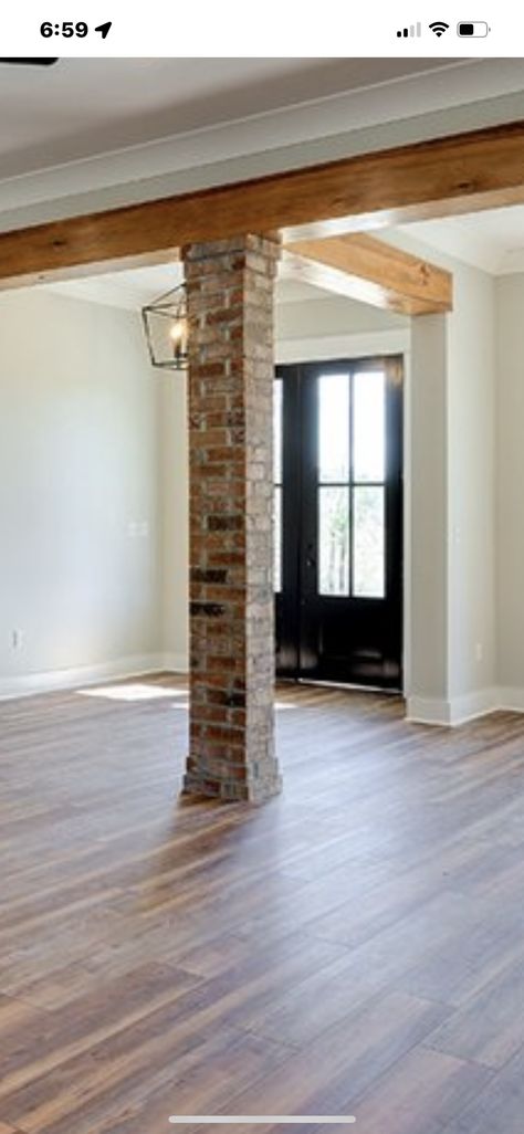 Brick Pillars Interior, Rustic Pillars In Home, Interior Pillar Covering Ideas, Brick Interior Columns, Interior Column Wraps, Columns Inside House, Support Pillars Open Concept, Inside Columns Living Rooms, Feature Pillar In Kitchen