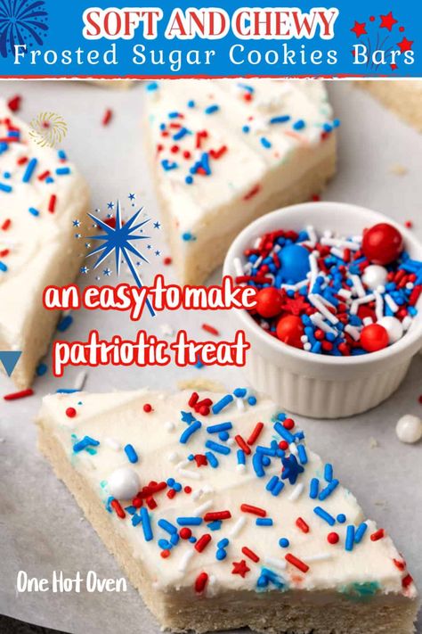 Soft and chewy these 4th of July Sugar Cookie Bars are so easy to make with a pat in the pan dough and a simple buttercream frosting. Top with your favorite patriotic sprinkles for a fun and festive Fourth of July dessert. Simple Buttercream Frosting, Fourth Of July Dessert, Soft Tacos Recipes, Heart Cookies Recipe, Sprinkle Cookies Recipe, Sugar Cookies With Sprinkles, Easy Homemade Cookies, Blue Sprinkles, Easy Buttercream Frosting