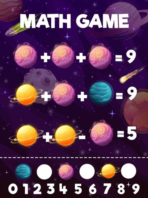 Cartoon space planets addition math game worksheet Cartoon Planets, Game Worksheet, Math Addition Games, Math Quiz, Cartoon Space, Planet Vector, Math Games For Kids, Vector Character Design, Math Game