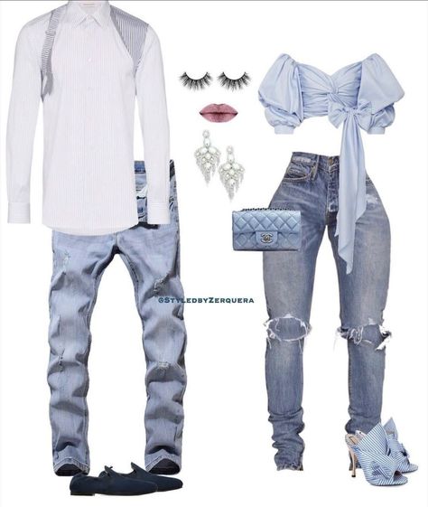 Denim And White Outfits, Couples Matching Outfits Swag, Couple Outfit Ideas, Couple Matching Outfits, Couples Outfit, Fly Outfit, Date Night Ideas, Cute Couple Outfits, Matching Couple Outfits