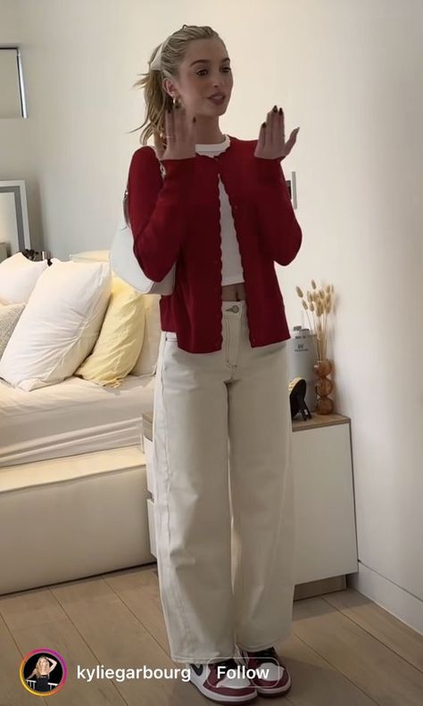 Outfit With Red Cardigan, Red Cardigan Outfit Fall, Korea Style Outfits, Back To Uni Outfits, Red Accent Outfit, Japan Outfit Ideas Spring, Ivory Pants Outfit, Aliexpress Outfits, Cute Work Pants