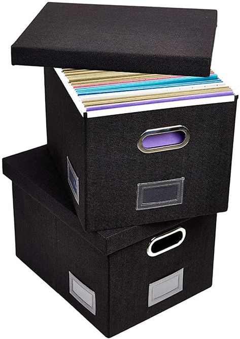 Amazon.com : SUPERJARE File Box for Hanging Files, Set of 2, Storage Office Box with 60 lbs Weight Capacity, Filing Box with Durable MDF Board & Linen Fabric, File Storage Organizer for Letter/Legal - Black : Office Products File Box Organization, Cream Office, File Folder Storage, Store Vinyl Records, File Boxes, Storage Office, Office Files, Sacs Design, File Organiser