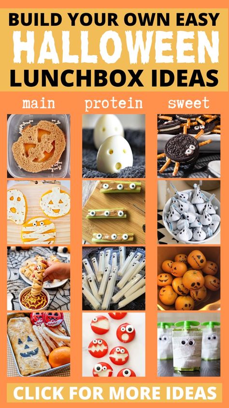 Easy to make halloween themed food ideas to pack for your kids school lunch! Halloween Lunches For Kids School, Halloween Themed School Lunches, Halloween Kids Lunch Ideas, Halloween Themed Lunches For Kids, Halloween Toddler Lunch, Lunch Halloween For Kids, Halloween Lunch Ideas For Kids School, Halloween Snacks For Kids School, Kids Halloween Lunch