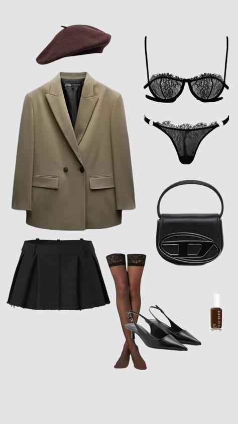 #beret #khaki #blazers #skirt #black #brown Skirt Black, Blazer, Skirt, Black