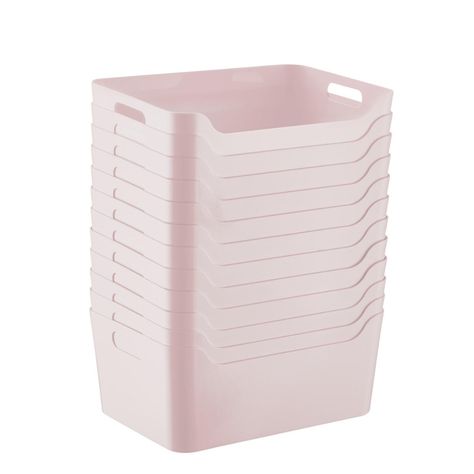 Case of 12 of Smoke Soft Pink Storage Bins with Handles | The Container Store Pink Storage Bins, Pink Storage, Large Plastic Storage Bins, Plastic Storage Bin, Pantry Organizers, Decorative Storage Boxes, Cute Bedroom Decor, The Container Store, Custom Closet