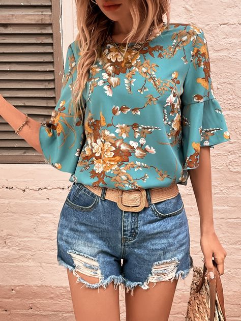 Butterfly Sleeve Blouse, Comfy Blouse, Brocade Blouses, Flare Long Sleeve, Half Sleeve Blouse, Flounce Sleeve, Butterfly Sleeves, Floral Print Blouses, Print Blouse