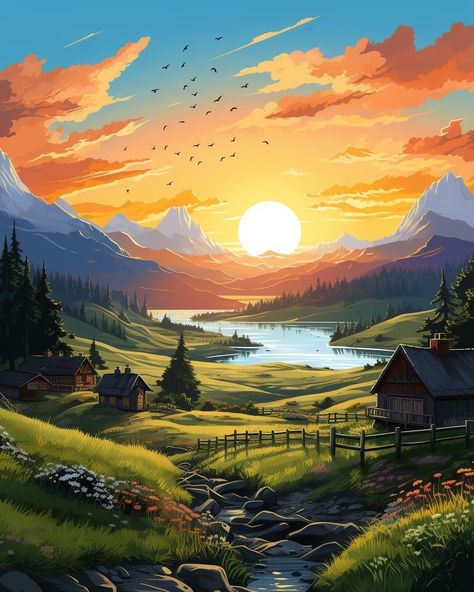 Sunrise Mountain Painting, Mountain Sunrise Painting, Sunset Mountain Painting, Sunrise Art Painting, Sunrise Drawing, Beautiful Paintings Of Nature, Kinkade Paintings, Sunrise Artwork, Sunrise Art