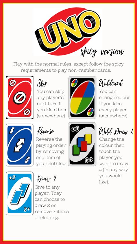 Couples Uno Game, Drinking Board Games For Couples, Spicy Uno Rules, How To Play Uno, Strip Uno Rules, Spicy Games For Couples Diy, Spicy Sleepover Games, Spicy Party Games, Date Games For Couples