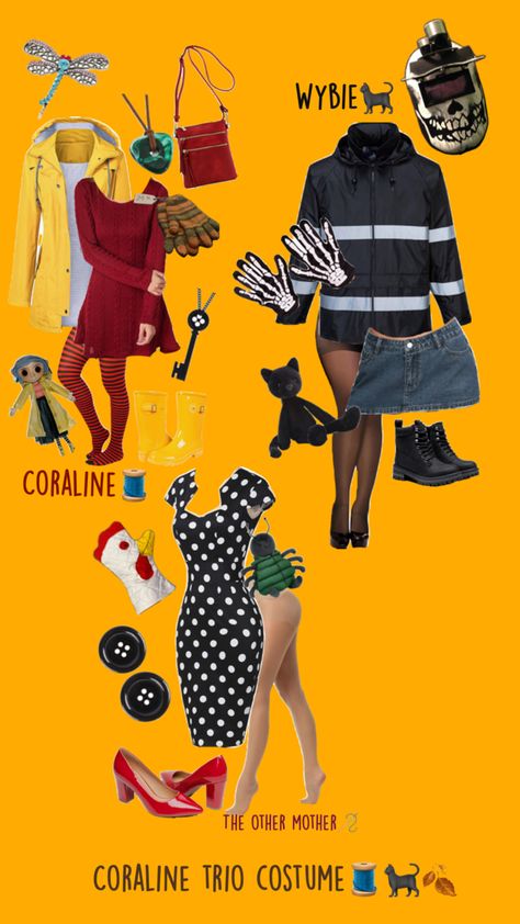 #coraline #trios #halloween #costume Coraline Halloween Costume, Fun Halloween Outfits, Coraline Costume, Trio Costumes, Cute Group Halloween Costumes, Matching Halloween Costumes, Bff Halloween Costumes, Halloween Trends, Trio Halloween Costumes