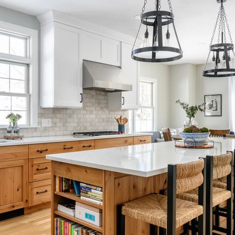 Kitchen Wood Lower White Upper - Photos & Ideas | Houzz Wood Lower Cabinets, Alder Wood Cabinets, Natural Wood Kitchen Cabinets, White Upper Cabinets, Lower Cabinets, Natural Wood Kitchen, Popular Kitchens, Wood Kitchen Cabinets, Built In Grill