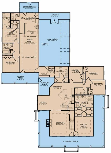 Bay House Plan Designs | 5020 Charleston Bay | Nelson Design Group Multi Use Large Family Room, Kitchen Diner Family Room Plans, Multi Family Pole Barn Homes, Guest Lodge Floor Plans, Multi Family Farm, Large Kitchen Island With Seating Open Concept Floor Plans, Open Floor Plans Kitchen And Family Rooms, Best Family Home Layouts, Kitchen Butlers Pantry Floor Plans