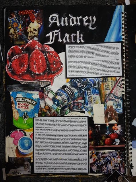 Audrey Flack artist study Audrey Flack Gcse Sketchbook, Food Gcse Art Sketchbook, Audrey Flack Artist Research Page, Audrey Flack Art, Artist Analysis A Level, Prep 1 Art Igcse, Audrey Flack Artist Research, Food Art Gcse Sketchbook Pages, Artist Study Ideas