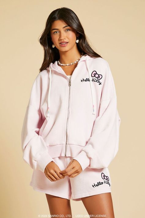 Seashell Hello Kitty Zip-Up Hoodie | Forever 21 Hello Kitty Text, Seashell Graphic, Hello Kitty Hoodie, Bow Graphic, Hello Kitty And Friends, Graphic Tee Dress, Denim Sweater, Blazer Shirt, Active Wear Leggings