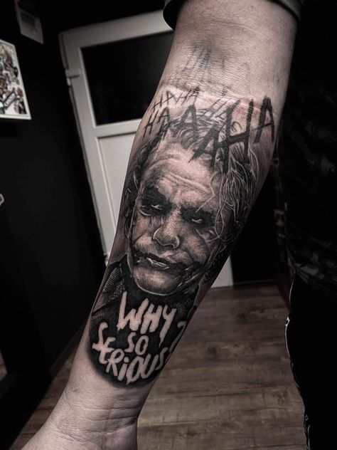 Joker..why So serious Horror Tattoos Forearm, Heath Ledger Joker Tattoo Ideas For Men, Joker Leg Tattoo Men, Joker Tatoos Heath Ledger, Joker Eyes Tattoo, Joker Tattoos Men, Why So Serious Tattoo Design, Joker Tattoo Leg, Joker Tattoo Arm