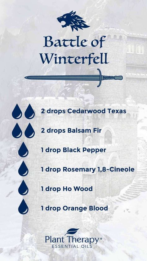 It’s been eight seasons of blood, sweat, and tears. You’ve watched your favorite characters die and some truly villainous ones stick around. The battle for Winterfell is over.  Now the fate of the Seven Kingdoms hangs in the balance. So whether you’re hosting a viewing party with your BFFs or watching the finale by yourself, use these amazing diffuser blends to set the mood as you discover who will finally win the Game of Thrones. #essentialoils #aromatherapy Battle Of Winterfell, Plant Therapy Essential Oils, Stone Ideas, Aromatherapy Recipes, Essential Oil Diffuser Blends Recipes, Perfume Recipes, Oil Diffuser Recipes, Essential Oil Blends Recipes, Aromatherapy Gifts