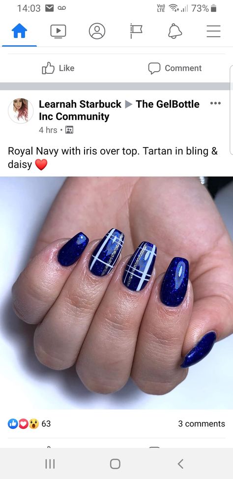 Navy Blue Plaid Nails, Blue Tartan Nails, November Blue Nails, Navy Blue Holiday Nails, Navy Plaid Nails, Blue Plaid Nail Designs, Blue Plaid Nails, Mani Designs, Plaid Nail Designs