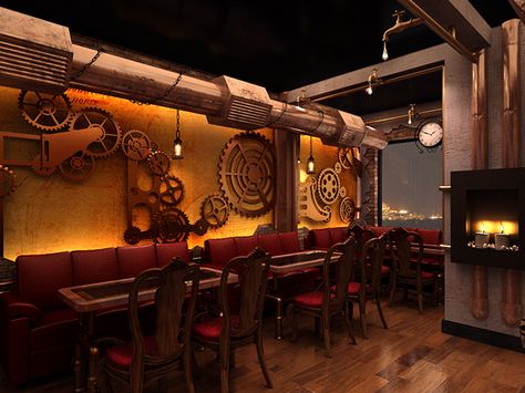 Retail Design Steampunk Restaurant, Steampunk Interior Design, Steampunk Bar, Steampunk Rooms, Steampunk Bedroom, Steampunk Kitchen, Steampunk Interior, Steampunk Furniture, Ultimate Man Cave