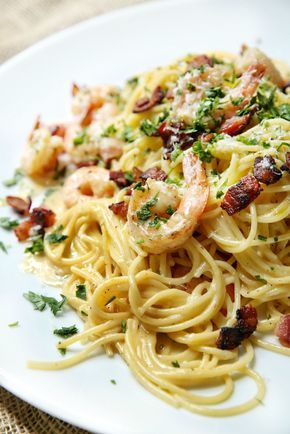 Shrimp Spaghetti Carbonara  - Delish.com Shrimp Carbonara Pasta, Seafood Carbonara, Carbonara Pasta Recipe, Shrimp Carbonara, Prawn Spaghetti, Easy Shrimp Pasta, Shrimp Pasta Recipes Easy, Pasta With Shrimp, Spaghetti Carbonara Recipe