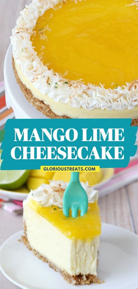 Here's an easy dessert to impress you can prepare in advance! This Mango Lime Cheesecake is a sweet treat that's rich, creamy, and delicious. It's bursting with tropical flavors! Add this to your Spring desserts or Easter desserts! No Bake Mango Lime Cheesecake, Mango Key Lime Cheesecake Factory Recipe, Mango Lime Cheesecake, Mango Coconut Cheesecake, Spring Cheesecake Flavors, Fun Cheesecake Flavors, Summer Cheesecake Flavors, Easter Cheesecake Ideas, Sunflower Cheesecake