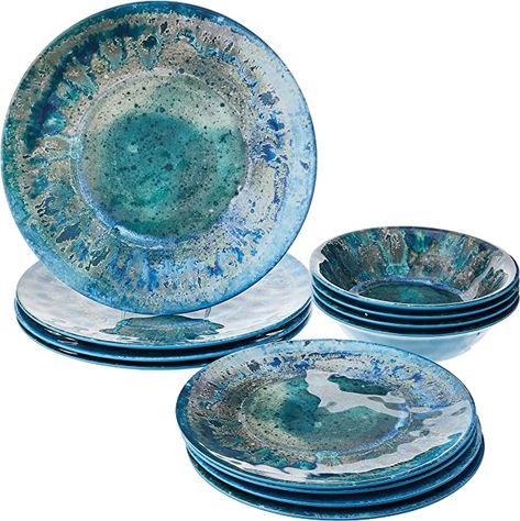 Amazon.com | Certified International Radiance Teal Melamine 12 pc Dinnerware Set: Dinnerware Sets Dinner Plates Sets, Plastic Dishes, Cereal Dessert, Melamine Dinnerware Sets, Melamine Dinnerware, Melamine Plates, Coastal Kitchen, Glazes For Pottery, Dishwasher Racks