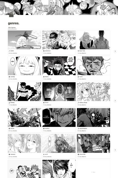 Manga Tracker Notion, Anime Notion Cover, Manga Tracker, Notion Anime, Notion Tips, Notion Board, Notion Inspo, Monochrome Aesthetic, Aesthetic Notion