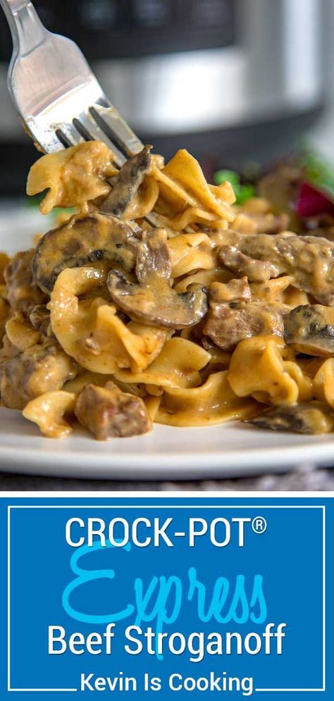 My Crock-Pot Express Crock Multi-Cooker Beef Stroganoff is creamy, saucy and loaded with spiced tender beef, mushrooms and noodles. All made in one pot and under 30 minutes! #easydinners #crockpotmeals #beefstroganoff via @keviniscooking Stroganoff Chicken, Stroganoff Crockpot, Stroganoff Beef, Easy Crockpot Recipes Healthy, Crockpot Express, Crock Meals, Multi Cooker Recipes, Beef Stroganoff Crockpot, Chicken Crockpot Recipes Healthy