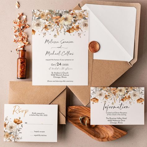 Announcing our Fall Wildflower Wedding Invitation Suite, now available for you to customize! With its stunning fall floral design, this invitation will surely capture the essence of your special day. Whether you're hosting a lavish affair or an intimate gathering, our editable invitation will help you set the tone for an unforgettable celebration. Don't miss the chance to make your day a truly memorable event. Purchase, edit, and text within minutes! You do the editing online using phone, tablet Orchard Wedding Invitations, Wedding Invites Fall, Autumn Wildflower Wedding, Autumn Wedding Aesthetic, Fall Wildflower Wedding, Wedding Invitations Autumn, Autumn Wedding Invitations, Wedding Invitations Fall, Fall Wedding Stationery