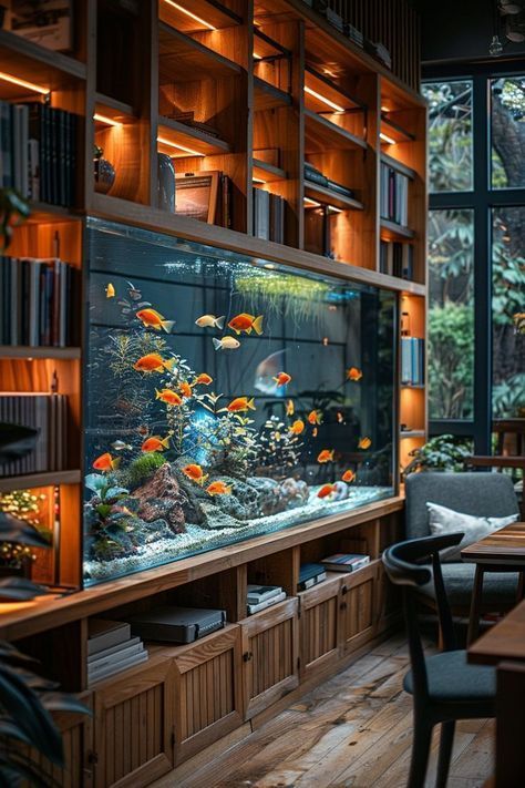 Library With Aquarium, Fish Tank Book Shelf, Fish Tank Interior Design, Office With Fish Tank, Unique Aquarium Decor, Bookshelf Fish Tank, Home Fish Aquarium, Aquarium Fish Tank Living Rooms, Aquarium Library