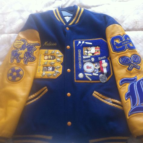 My high school letterman jacket. Hahaha Letterman Jacket Custom, Blue And Gold Letterman Jacket, Marching Band Letterman Jacket, Leatherman Jacket, High School Letterman Jacket, Letterman Jacket Ideas, Letterman Jacket Outfit, Letterman Jacket Patches, School Jacket