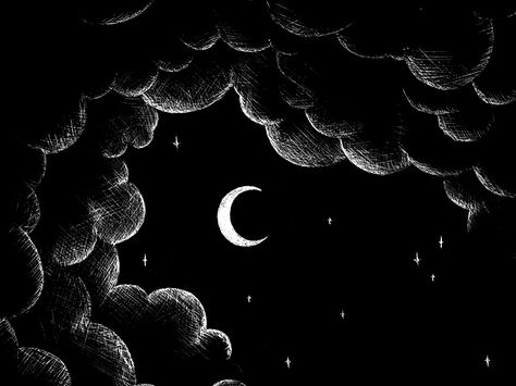 Black and white crescent moon, stars and clouds illustration on scratchboard. Secret Midnight Press Crystals Quotes, Clouds Illustration, Night Sky Moon, Lunar Moon, Cloud Illustration, Scratchboard Art, Nature And Animals, Bookish Stuff, Black Paper Drawing