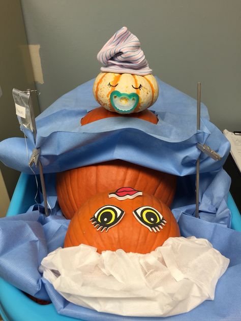 L&D c-section pumpkin we did for our hospital pumpkin decorating contest!! Nurse Themed Pumpkin Decorating, Ob Pumpkin Ideas, Healthcare Pumpkin Contest, Pumpkin Contest Ideas No Carve Hospital, Pumpkin Decorating Healthcare, Dermatology Pumpkin Decorating, Nurse Pumpkin Decorating Contest, Obgyn Pumpkin Decorating, Doctor Pumpkin Decorating