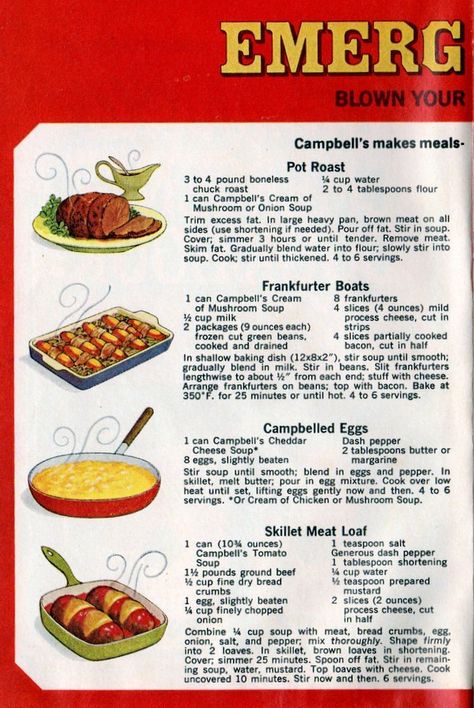 20 recipes from Campbell's emergency dinner cookbook (1968) - Click Americana Skillet Meatloaf, Campbell's Recipes, Supreme Chicken, Can Soup Recipe, Unusual Recipes, Campbells Soup Recipes, Campbells Recipes, Big Family Meals, Macedonian Food