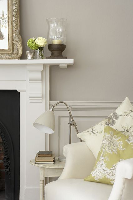 For console Little green  Main wall: French Grey Dark 163  Panelling: French Grey 113  Fireplace: French Grey Pale 161 Trending Paint Colors, Neutral Paint Color, Neutral Room, Little Greene Paint, Best Paint Colors, French Grey, Interior Paint Colors, Little Greene, Living Room With Fireplace