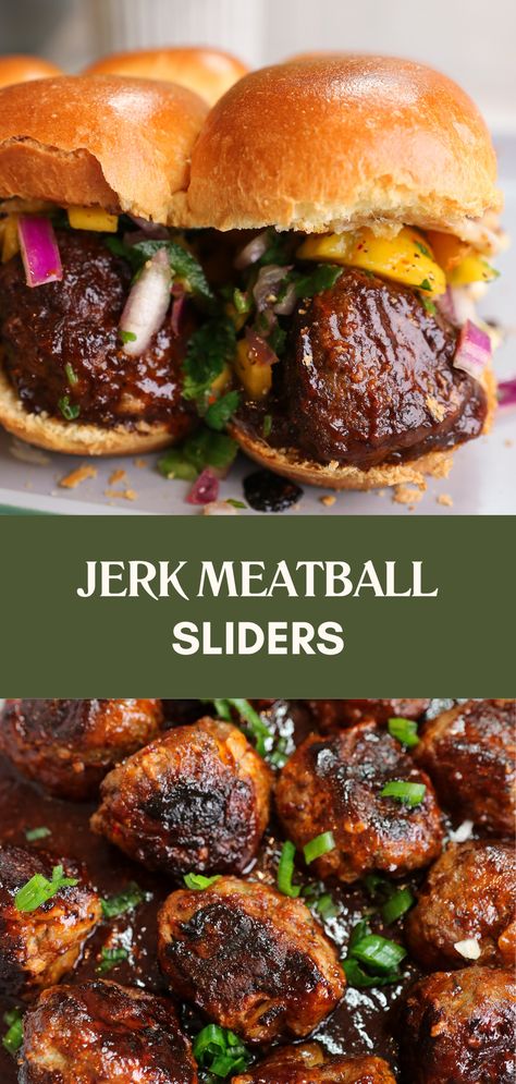 Easy Food To Sell, Jerk Chicken Meatballs, Brioche Sliders, Jerk Meatballs, Slider Ideas, Meatball Sandwich Recipes, Summer Grill, Tailgating Food, Slider Rolls