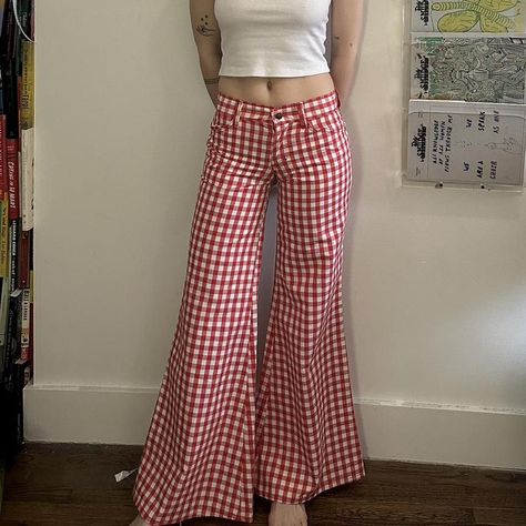 1970s Gingham Flair Pants *part of my personal... - Depop Red Gingham Pants, Gardener Costume, Flair Pants, My 2022, Amazing Closets, Gingham Pants, Concert Fits, Red Gingham, Red Pants