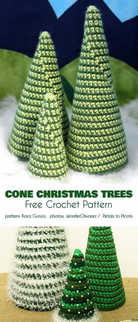 Cone Christmas Tree Free Crochet Pattern Ideal-shaped to place them as decor almost everywhere, from the hallway to the Christmas dinner table. How To Crochet A Cone Shape, Crochet Cone Shape Free Pattern, Crochet Tree Pattern Free, Crochet Cone Shape, Crochet Christmas Trees Pattern Free, Free Crochet Christmas Tree Patterns, Crocheting Easy, Xmas Crochet, Crochet Christmas Trees Pattern