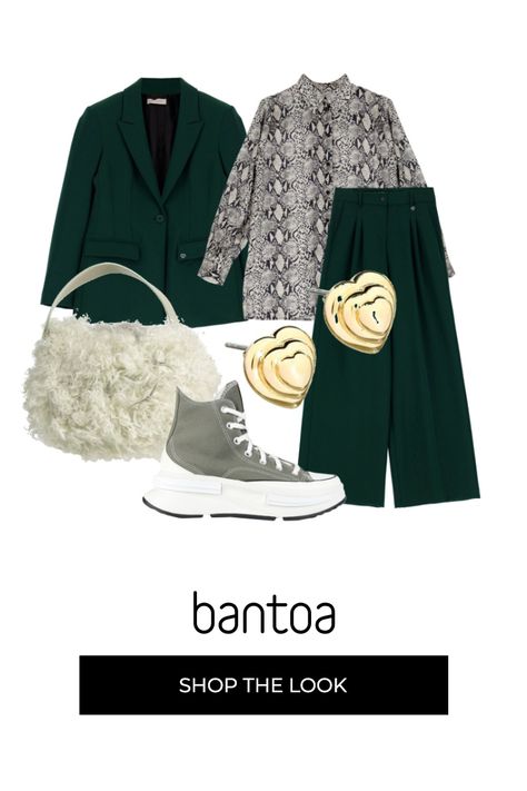 Camicia da donna in bianco panna animalier collo classico Dixie, Pantaloni a palazzo da donna in verde a vita alta Please, Cappotto da donna in verde monopetto Please, Orecchini da donna in giallo oro Chiara Ferragni, Sneakers da donna con stringhe in verde oliva platform a punta tonda Converse, Borsa a mano da donna in verde chiaro Anita Bilardi Composizione dell'outfit: woman | Clothing | Shirts ANITA BILARDI, woman | Clothing | Shirts CONVERS... Beth Djalali, Fashion Board, Outfit Donna, Style Board, Converse, Ghost