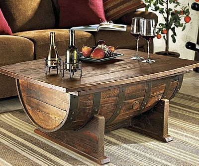 Whiskey Barrel Coffee Table, Wine Barrel Coffee Table, Whiskey Barrel Table, Barrel Coffee Table, Vibeke Design, Rustic Furniture Diy, Whiskey Barrels, Barrel Table, Rustic Wood Furniture