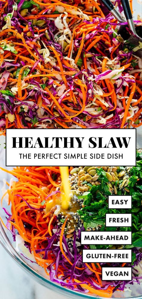 This healthy slaw recipe tastes amazing! It's made with a fresh and simple lemon dressing (no mayo or vinegar) and features toasted sunflower and pumpkin seeds. Gluten free and vegan. #coleslaw #healthycoleslaw #sidedish #vegan #cookieandkate Healthy Slaw, Healthy Coleslaw Recipe, Coleslaw Recept, Healthy Coleslaw Recipes, Healthy Coleslaw, Vegan Coleslaw, Coleslaw Salad, Slaw Recipe, Healthy Food Inspiration