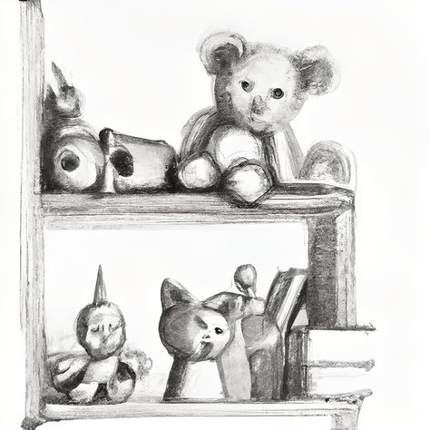 Shelf with Toys Pencil Drawing · Creative Fabrica Shelf Drawing Sketch, Toy Sketch, Toy Drawing, Leaving Cert, Drawing Toys, Detailed Drawings, Quick Sketch, Childrens Toy, Realistic Drawings