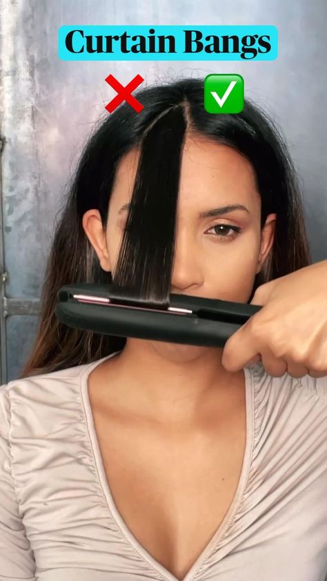 Things To Do With A Hair Straightener, Ironing Hair Tips, How To Style Curtain Bangs Without Round Brush, Curtain Bangs Using Straightener, Straightening Curtain Bangs, Bangs With Hair Straightener, Graduation Hairstyles For Layered Hair, Curtain Bangs With Hair Straightener, Ways To Do Your Hair With A Straightener