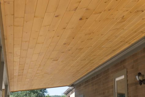 How to Install a V-Groove Pine Ceiling - Think Wood Patio Ceiling Ideas, Vinyl Soffit, Stained Shiplap, Pine Ceiling, Ceiling Wood, Wood Plank Ceiling, Bamboo Ceiling, Shiplap Ceiling, Tongue And Groove Panelling