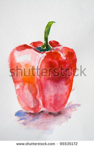 Watercolor illustration of red pepper by Regina Jershova, via Shutterstock Watercolor Veggies, Watercolour Fruit, Vegetables Watercolor, Watercolour Journal, Watercolor Vegetables, Vegetables Stock, Watercolor Fruits, Fruit Watercolor, Vegetable Painting