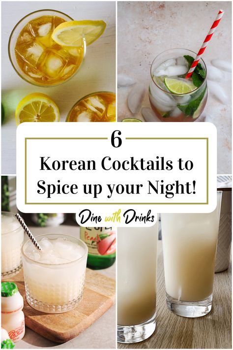 Collage of 4 korean cocktails. Peach Soju Cocktail Recipes, Makgeolli Cocktail, Asian Cocktails Recipes, Korean Cocktails, Soju Cocktail Recipes, Soju Cocktails, Korean Drinks Recipe, Soju Recipes, Asian Cocktails