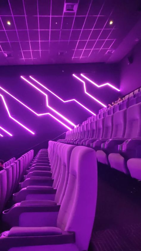 Purple Movie Theater, Neon Movie Theater, Purple Theatre Aesthetic, Friends Purple Aesthetic, Cinema Moodboard, Movie Theatre Aesthetic, Dr Inspiration, Adventure House, Amc Movie Theater