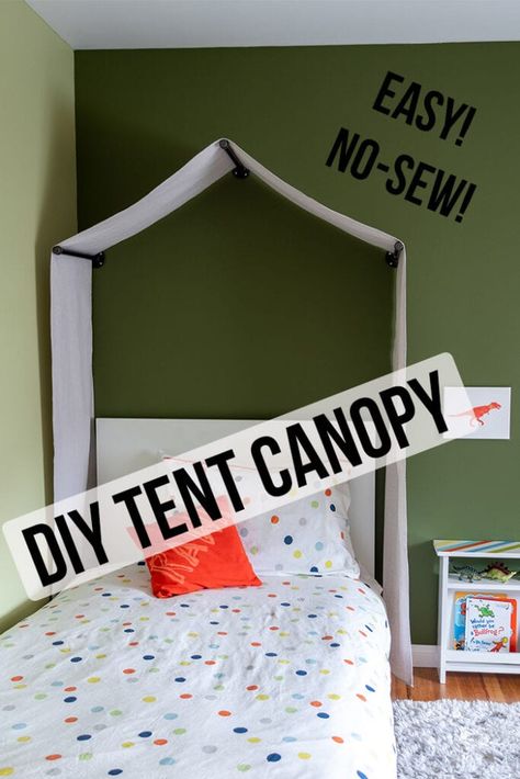 Love this easy DIY idea for a kids room! DIY tent canopy above the bed - No Sew using drop cloth. #anikasdiylife Diy Canopy Tent, Tent Over Bed, Diy Bed Tent, Boys Bed Canopy, Kids Bed Tent, Diy Tent Canopy, Diy Kids Bed, Canopy Over Bed, Kids Bed Canopy