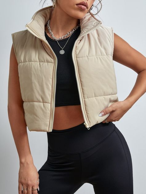 Khaki Casual Collar Sleeveless Fabric Plain Puffer Embellished Non-Stretch Winter Women Clothing No Sleeve Puffer Jacket Outfit, Sleeveless Jacket Outfit, Womens Cropped Jacket, Vest Puffer, Puffer Vests, Plain Vest, Puffer Jacket Outfit, Crop Vest, Womens Puffer Vest