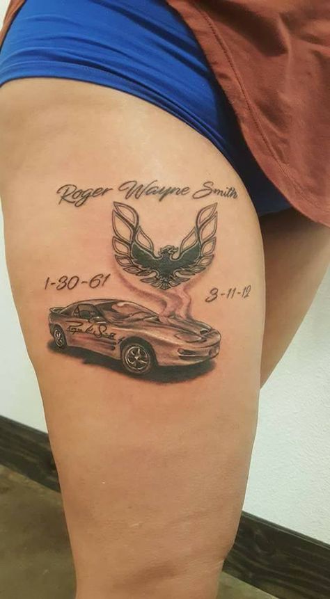 Awesome car memorial tattoo Car Memorial Tattoo, Marissa Tattoo, Brother Memorial Tattoo, Rip Tattoos For Dad, Grandpa Tattoo, Rip Tattoos, Rip Dad, Car Symbols, Rip Tattoo