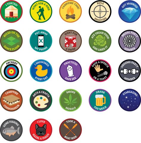 Bachelorette Merit Badges, Bachelorette Camp Badges, Summer Camp Badges, Merit Badges For Adults, Adult Merit Badges, Scout Merit Badges, Camp Badges, Diy Badges, Bachelorette Camping